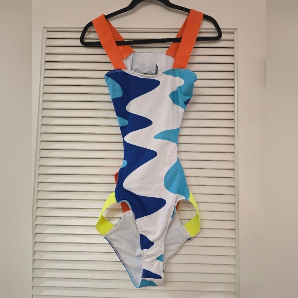 Neon Colour-Block One-Piece Cut-Out Open-Back Swimsuit